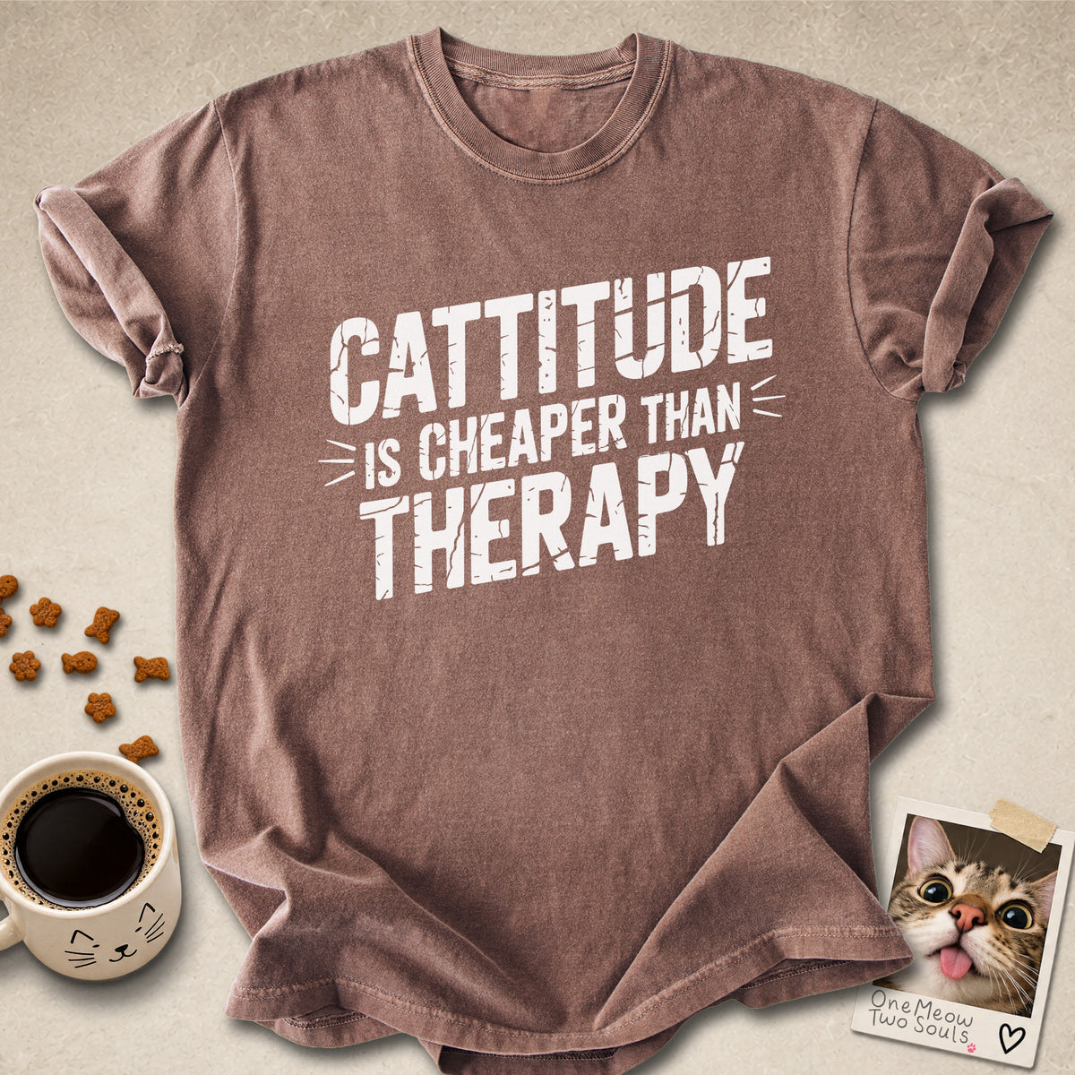 Espresso colored Comfort Colors 1717 cotton T-shirt, featuring a "Cattitude Is Cheaper Than Therapy" funny cat design illustration. One Meow Two Souls brand.