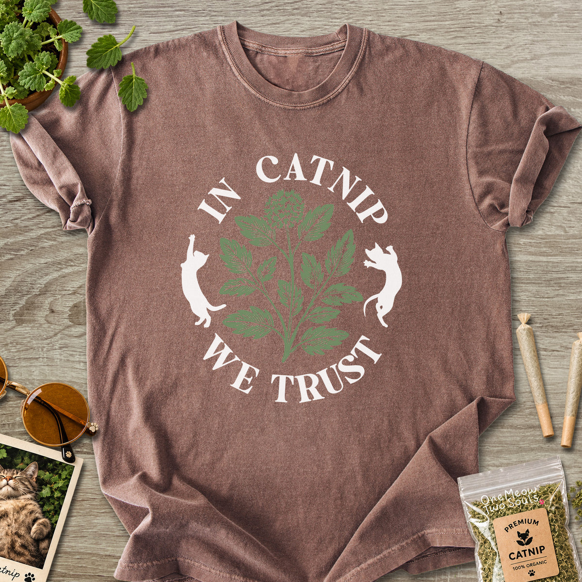 Espresso colored Comfort Colors 1717 cotton T-shirt, featuring a "In Catnip We Trust" funny cat design illustration. One Meow Two Souls brand.