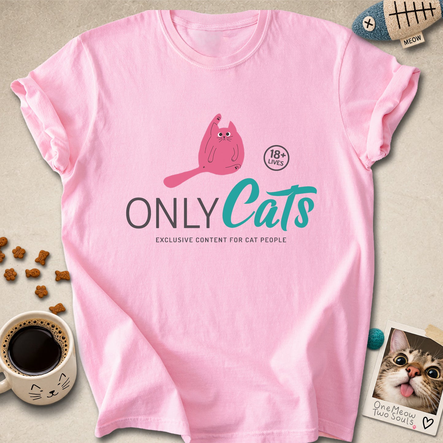Blossom colored Comfort Colors 1717 cotton T-shirt, presenting a "Only Cats Exclusive Content For Cat People" funny cat design. One Meow Two Souls brand.