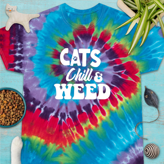 Cats, Chill & Weed Spiral Tie-Dye T-shirt