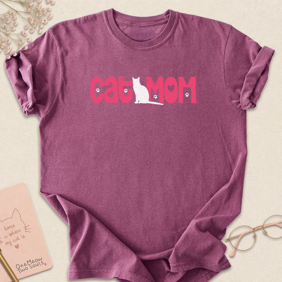 Berry colored Comfort Colors 1717 cotton T-shirt, featuring a "Cat Mom" cute cat design illustration. One Meow Two Souls brand.