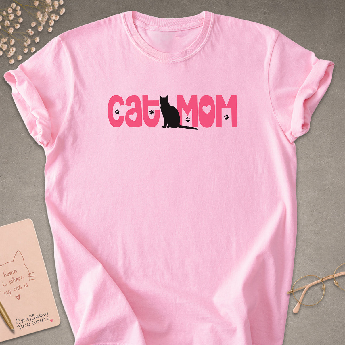 Blossom colored Comfort Colors 1717 cotton T-shirt, featuring a "Cat Mom" cute cat design illustration. One Meow Two Souls brand.