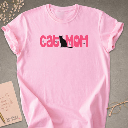 Blossom colored Comfort Colors 1717 cotton T-shirt, featuring a "Cat Mom" cute cat design illustration. One Meow Two Souls brand.