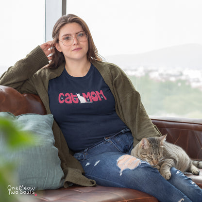 Navy colored Comfort Colors 1717 cotton T-shirt, featuring a "Cat Mom" cute cat design illustration. One Meow Two Souls brand.