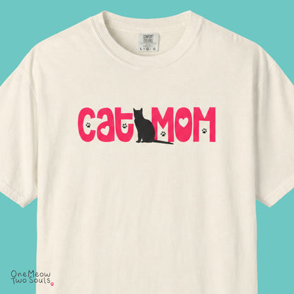 Ivory colored Comfort Colors 1717 cotton T-shirt, featuring a "Cat Mom" cute cat design illustration. One Meow Two Souls brand.