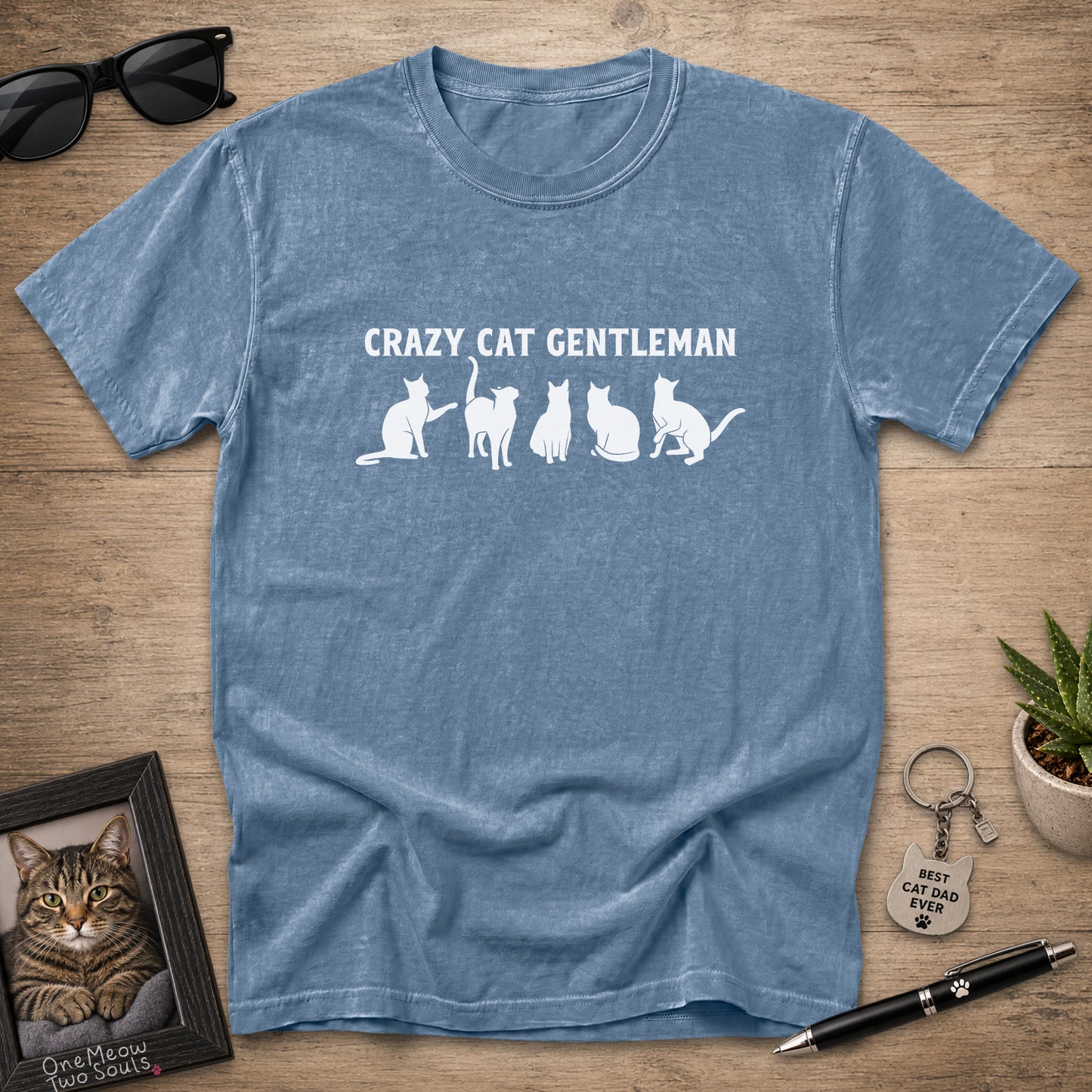 Blue Jean Comfort Colors 1717 Crazy Cat Gentleman graphic T-shirt with white cat silhouettes.