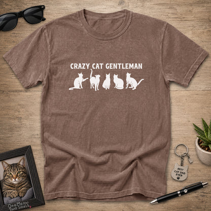 Espresso Comfort Colors 1717 Crazy Cat Gentleman graphic T-shirt with white cat silhouettes.