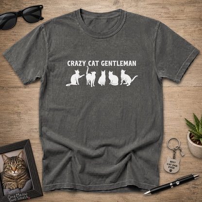 pepper Comfort Colors 1717 Crazy Cat Gentleman graphic T-shirt with white cat silhouettes.