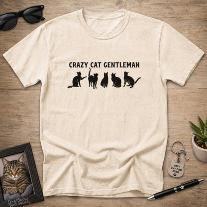 Ivory Comfort Colors 1717 Crazy Cat Gentleman graphic T-shirt with white cat silhouettes.
