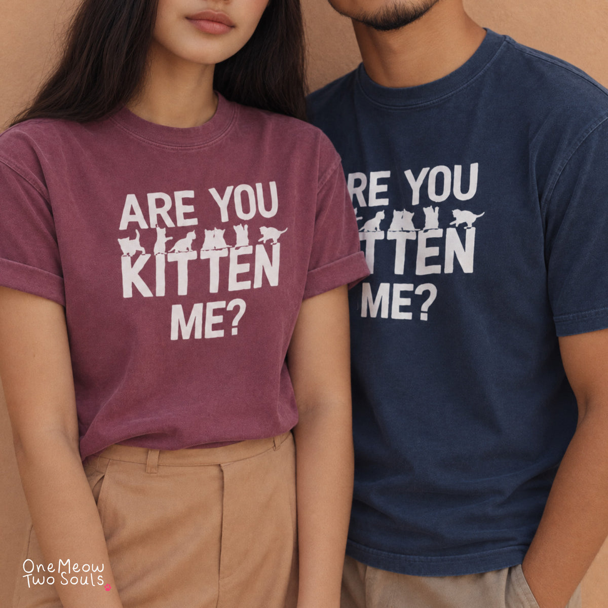 Berry and Navy colored Comfort Colors 1717 cotton T-shirts, featuring a "Are You Kitten Me?" funny cat design illustration. One Meow Two Souls brand.