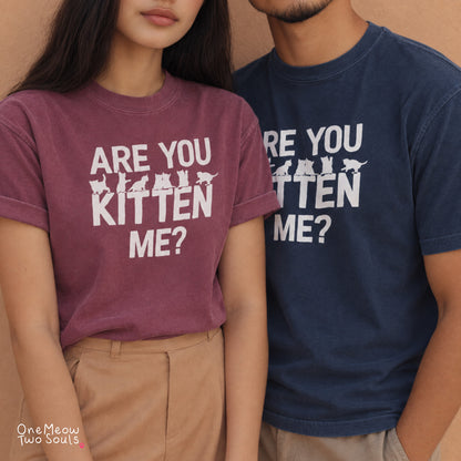 Berry and Navy colored Comfort Colors 1717 cotton T-shirts, featuring a "Are You Kitten Me?" funny cat design illustration. One Meow Two Souls brand.