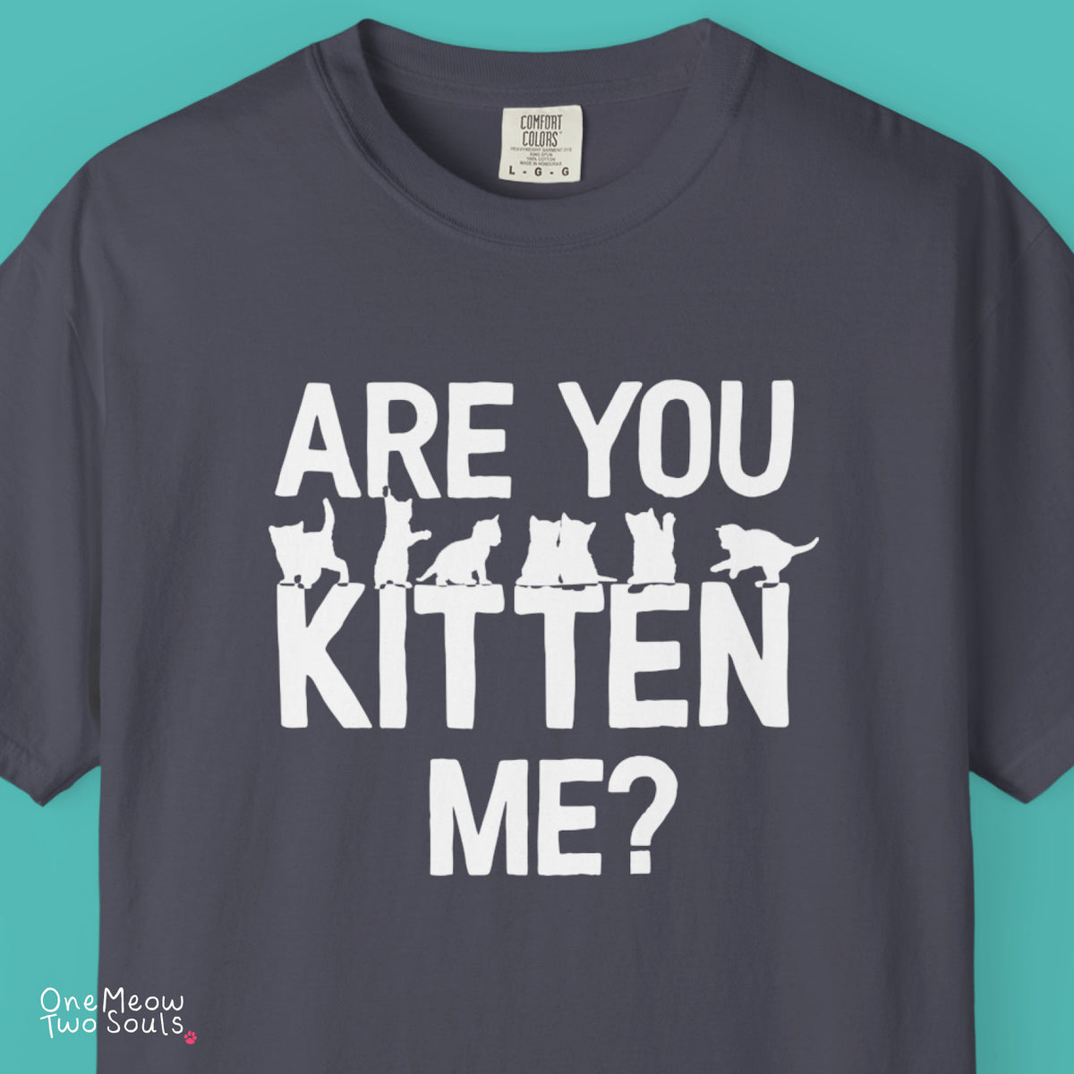 Navy colored Comfort Colors 1717 cotton T-shirt, featuring a "Are You Kitten Me?" funny cat design illustration. One Meow Two Souls brand.