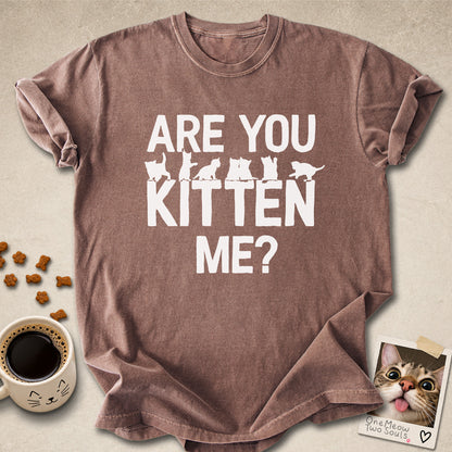 Espresso colored Comfort Colors 1717 cotton T-shirt, featuring a "Are You Kitten Me?" funny cat design illustration. One Meow Two Souls brand.