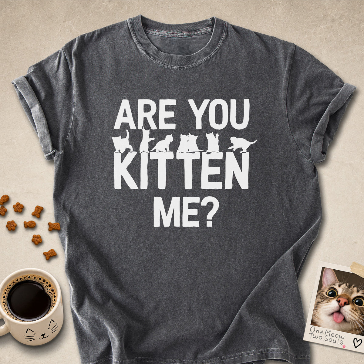 Pepper colored Comfort Colors 1717 cotton T-shirt, featuring a "Are You Kitten Me?" funny cat design illustration. One Meow Two Souls brand.
