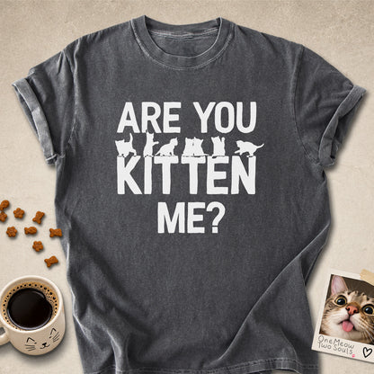 Pepper colored Comfort Colors 1717 cotton T-shirt, featuring a "Are You Kitten Me?" funny cat design illustration. One Meow Two Souls brand.