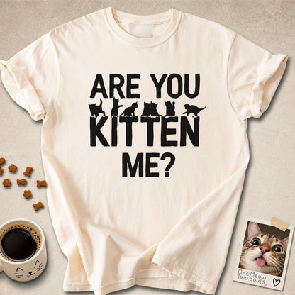 Ivory colored Comfort Colors 1717 cotton T-shirt, featuring a "Are You Kitten Me?" funny cat design illustration. One Meow Two Souls brand.