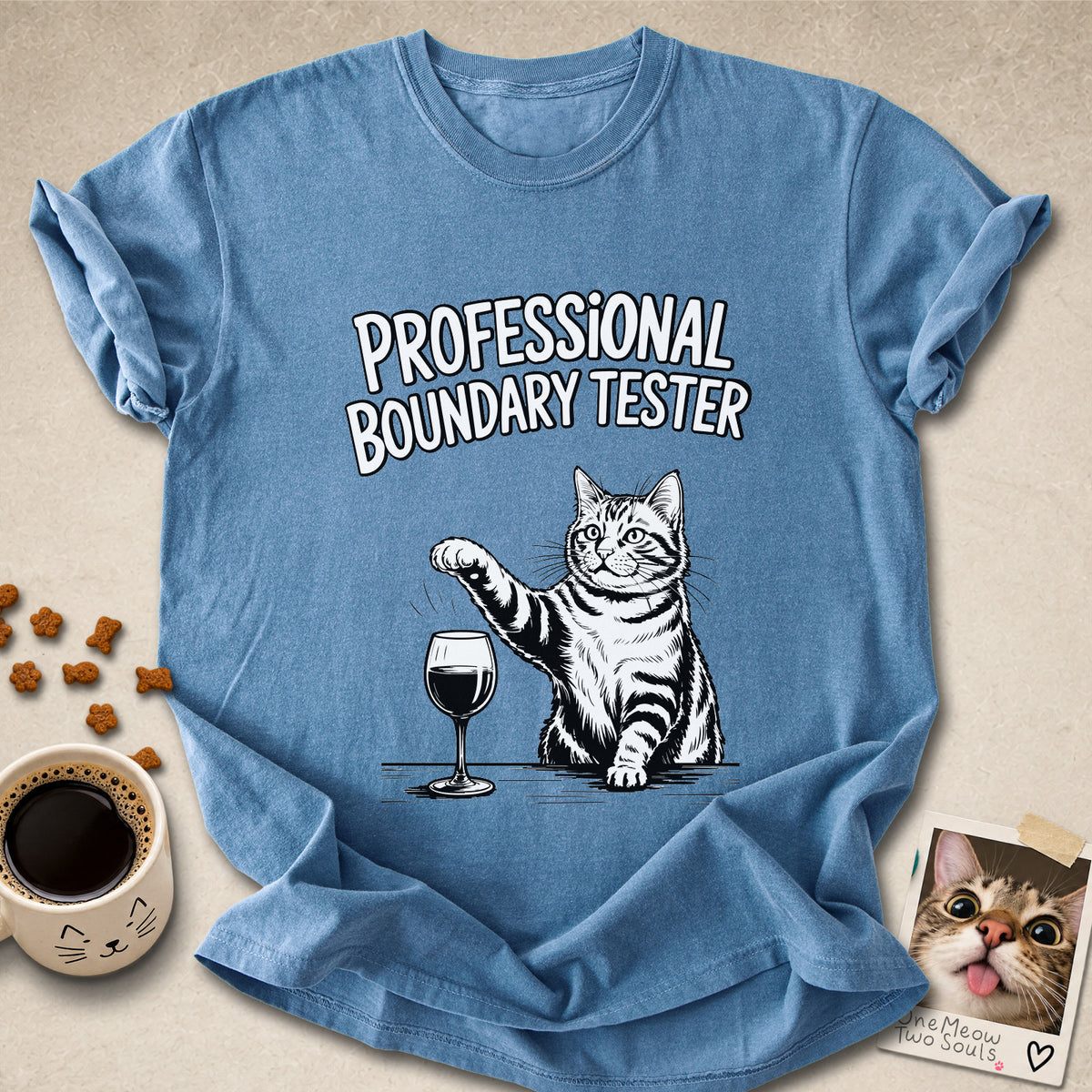 Blue Jean colored Comfort Colors 1717 cotton T-shirt, featuring a "Professional Boundry Tester" funny cat design illustration. One Meow Two Souls brand.