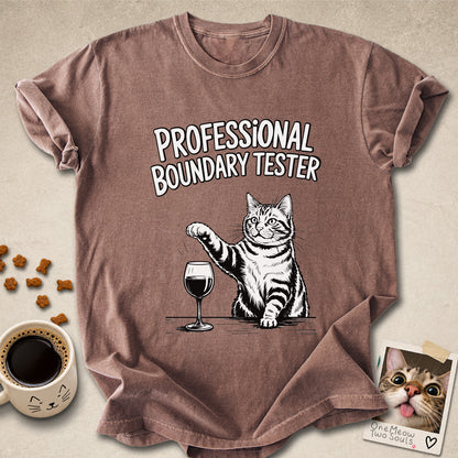 Espresso colored Comfort Colors 1717 cotton T-shirt, featuring a "Professional Boundry Tester" funny cat design illustration. One Meow Two Souls brand.