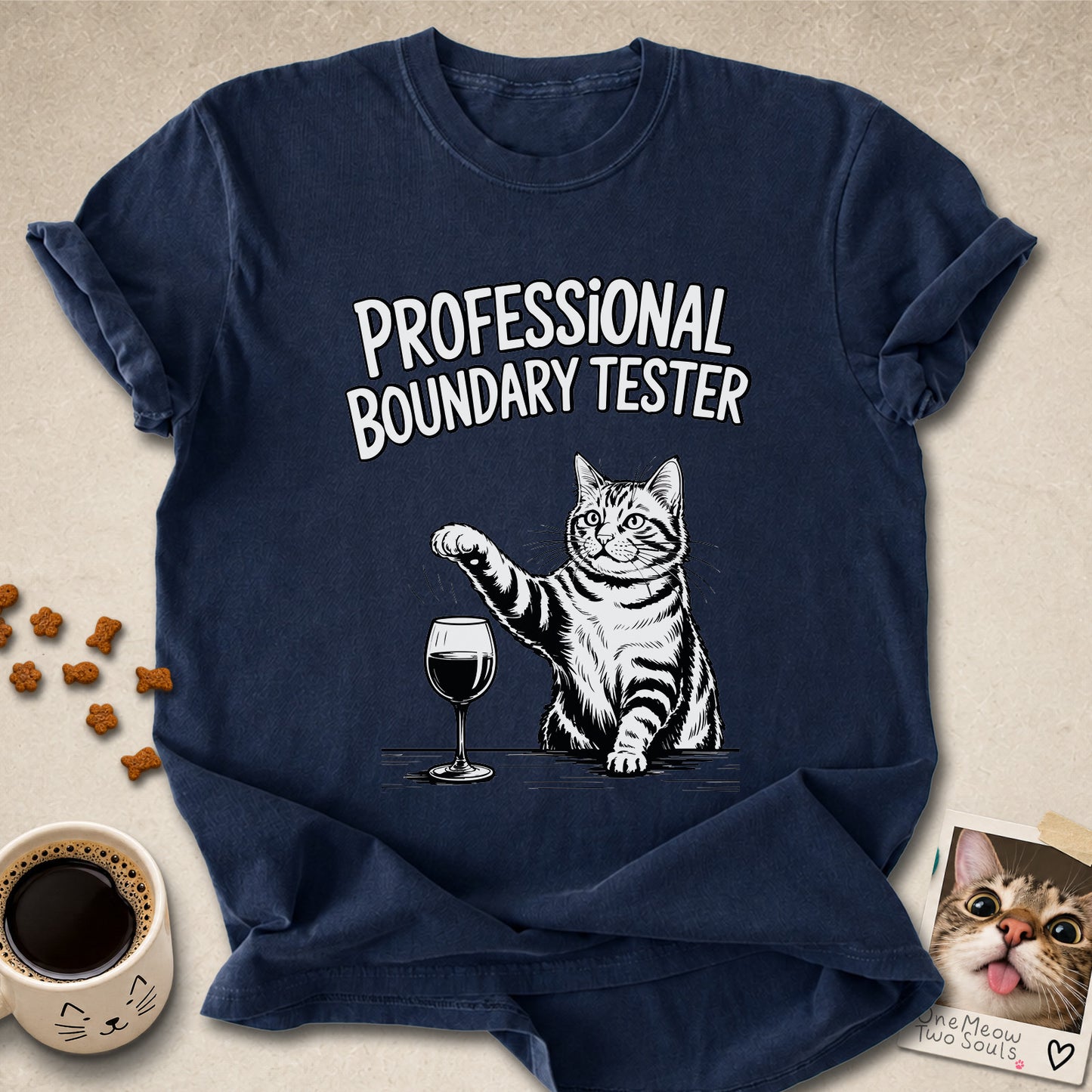 Navy colored Comfort Colors 1717 cotton T-shirt, featuring a "Professional Boundry Tester" funny cat design illustration. One Meow Two Souls brand.