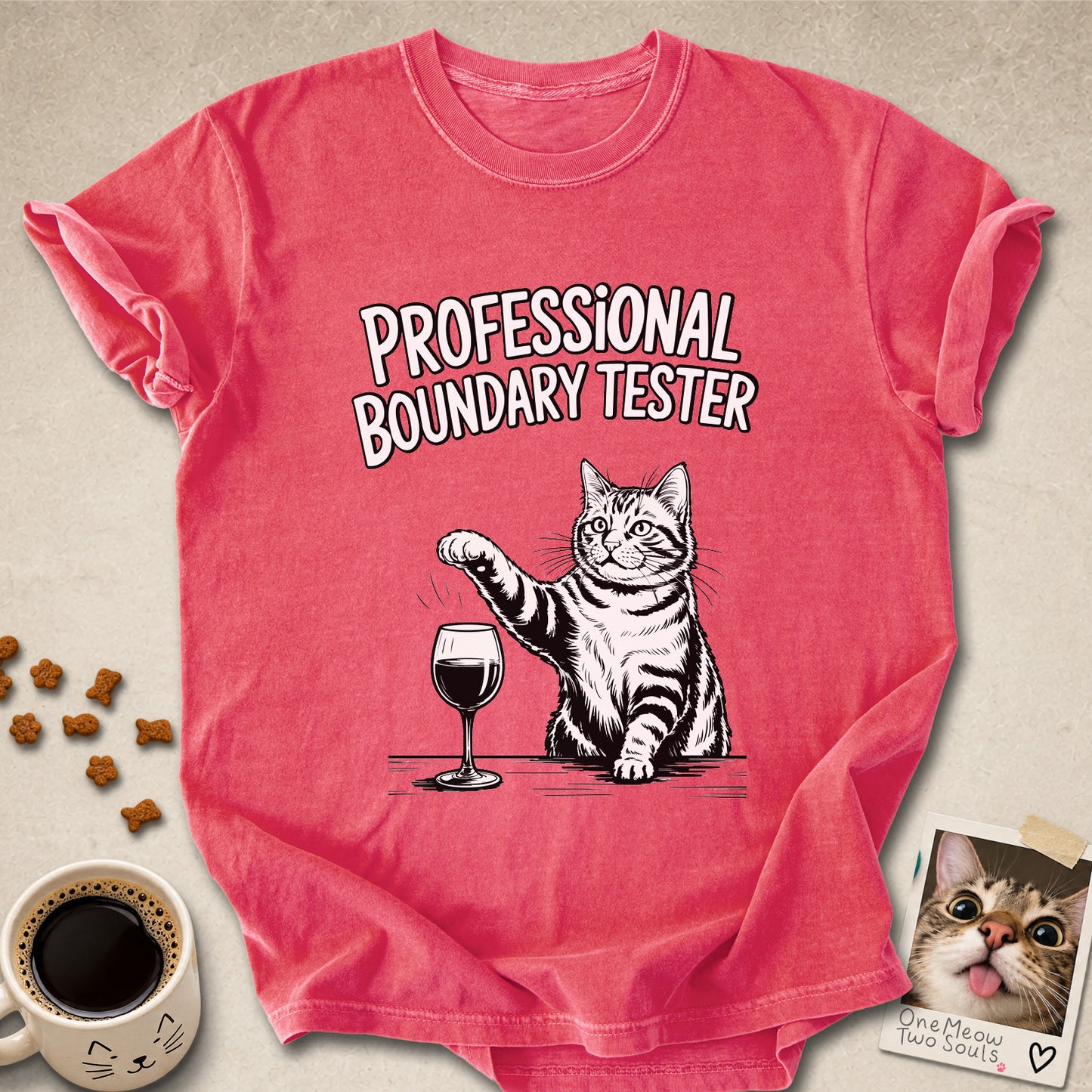 Watermelon colored Comfort Colors 1717 cotton T-shirt, featuring a "Professional Boundry Tester" funny cat design illustration. One Meow Two Souls brand.