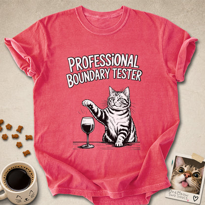 Watermelon colored Comfort Colors 1717 cotton T-shirt, featuring a "Professional Boundry Tester" funny cat design illustration. One Meow Two Souls brand.