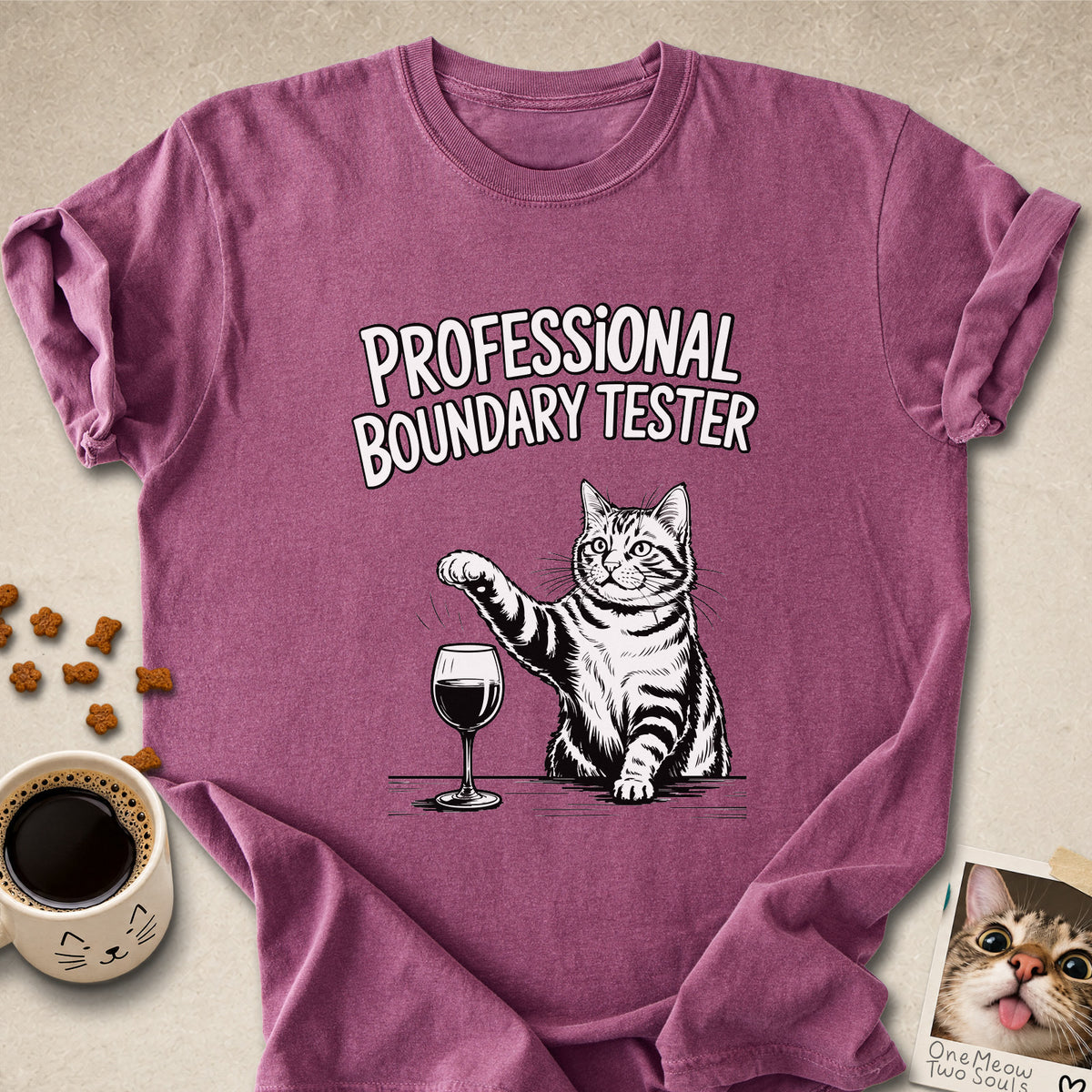 Berry colored Comfort Colors 1717 cotton T-shirt, featuring a "Professional Boundry Tester" funny cat design illustration. One Meow Two Souls brand.
