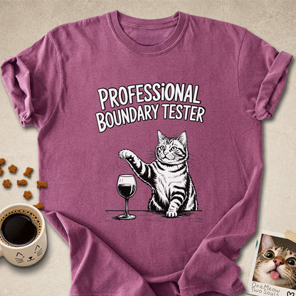 Berry colored Comfort Colors 1717 cotton T-shirt, featuring a "Professional Boundry Tester" funny cat design illustration. One Meow Two Souls brand.