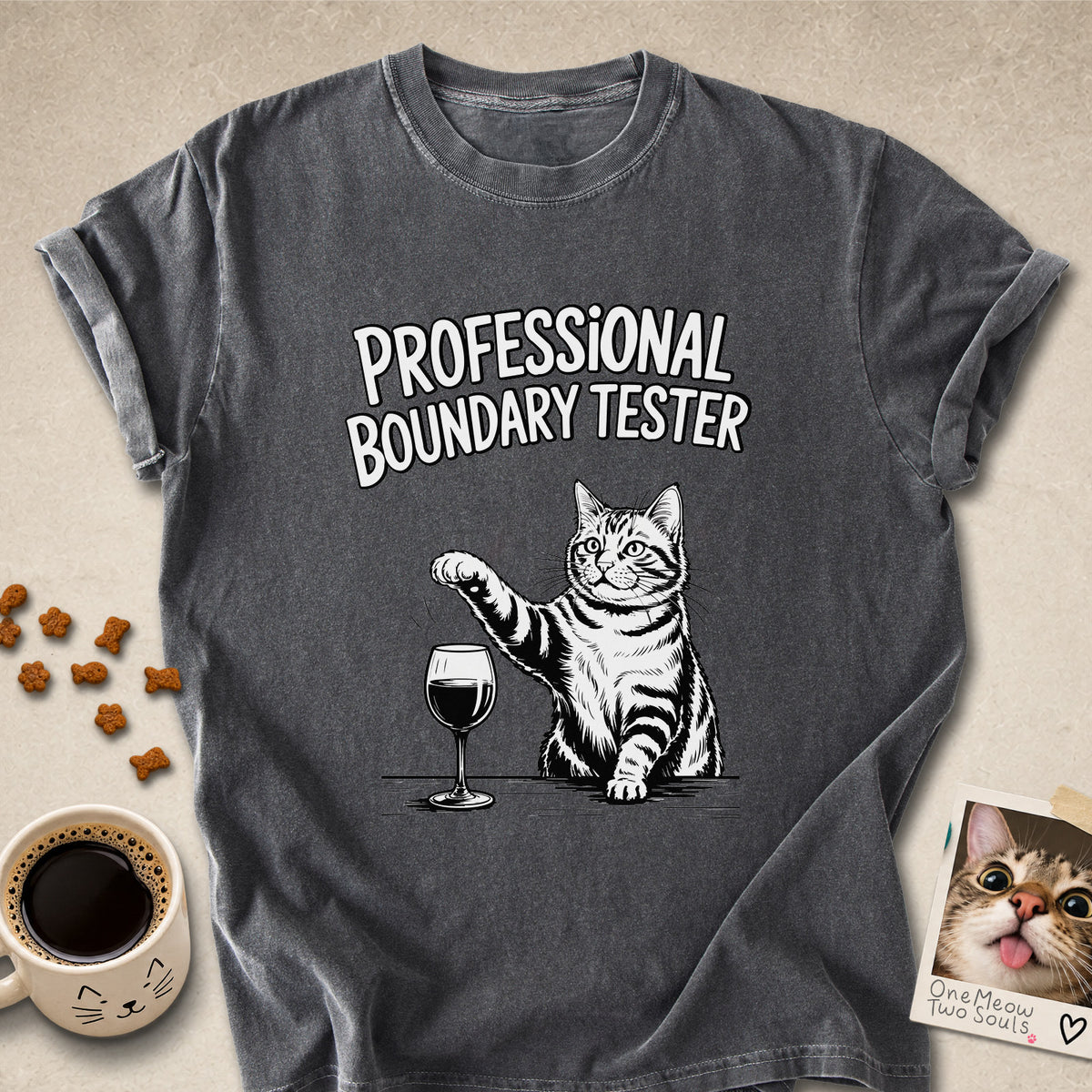 Pepper colored Comfort Colors 1717 cotton T-shirt, featuring a "Professional Boundry Tester" funny cat design illustration. One Meow Two Souls brand.