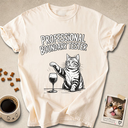 Ivory colored Comfort Colors 1717 cotton T-shirt, featuring a "Professional Boundry Tester" funny cat design illustration. One Meow Two Souls brand.