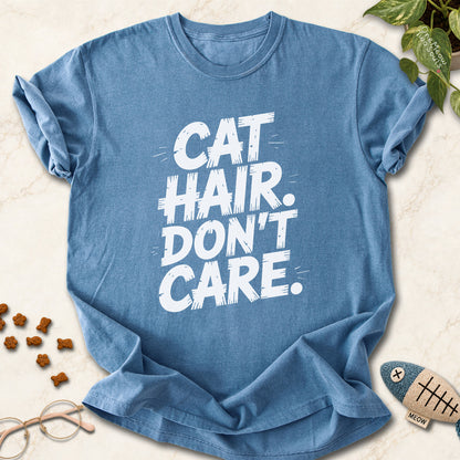 Blue Jean colored Comfort Colors 1717 cotton T-shirt, featuring a "Cat Hair Don't Care" funny cat design illustration. One Meow Two Souls brand.