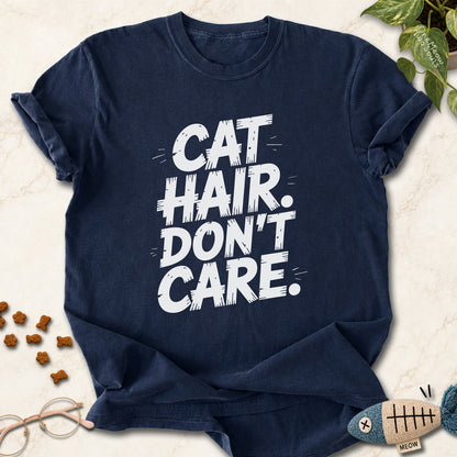 Navy  colored Comfort Colors 1717 cotton T-shirt, featuring a "Cat Hair Don't Care" funny cat design illustration. One Meow Two Souls brand.