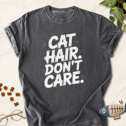 Pepper colored Comfort Colors 1717 cotton T-shirt, featuring a "Cat Hair Don't Care" funny cat design illustration. One Meow Two Souls brand.