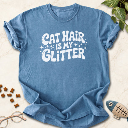 Blue Jean colored Comfort Colors 1717 cotton T-shirt, featuring a "Cat Hair Is My Glitter" funny cat design illustration. One Meow Two Souls brand.