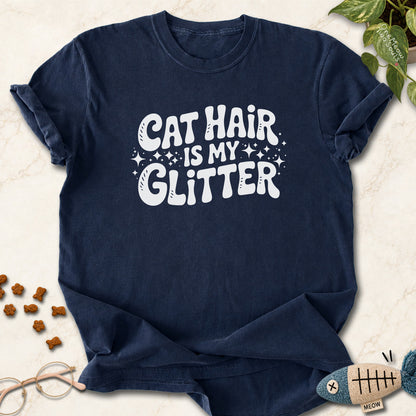 Navy colored Comfort Colors 1717 cotton T-shirt, featuring a "Cat Hair Is My Glitter" funny cat design illustration. One Meow Two Souls brand.