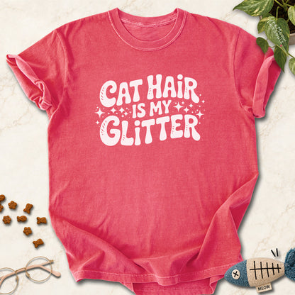 Watermelon colored Comfort Colors 1717 cotton T-shirt, featuring a "Cat Hair Is My Glitter" funny cat design illustration. One Meow Two Souls brand.