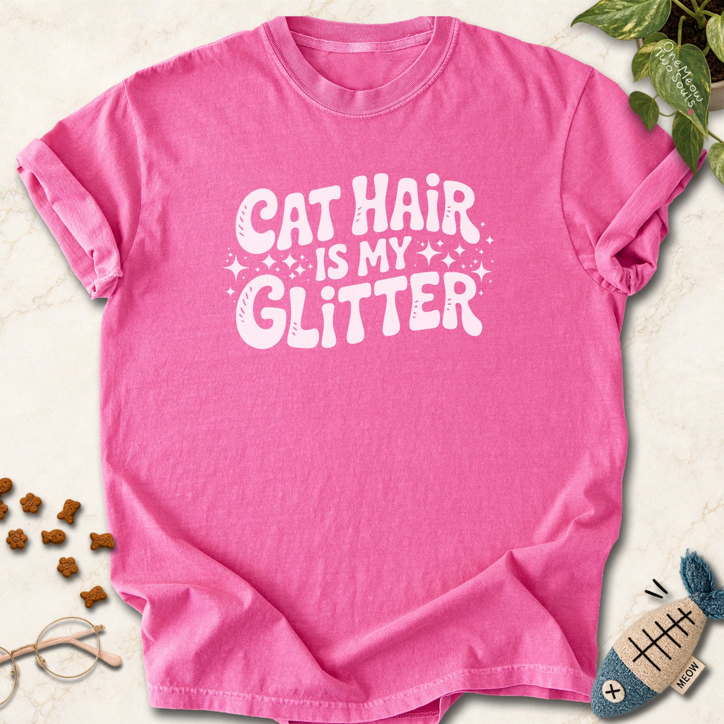 Crunchberry colored Comfort Colors 1717 cotton T-shirt, featuring a "Cat Hair Is My Glitter" funny cat design illustration. One Meow Two Souls brand.