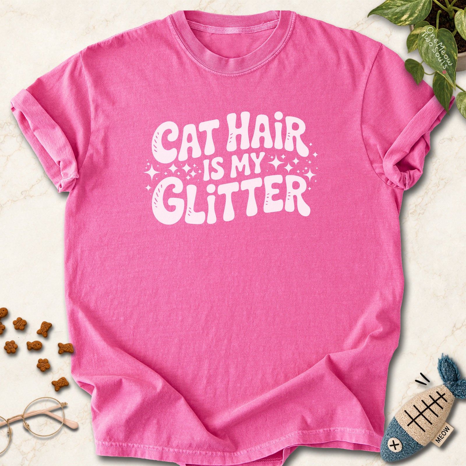 Crunchberry colored Comfort Colors 1717 cotton T-shirt, featuring a "Cat Hair Is My Glitter" funny cat design illustration. One Meow Two Souls brand.