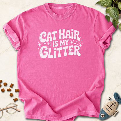 Crunchberry colored Comfort Colors 1717 cotton T-shirt, featuring a "Cat Hair Is My Glitter" funny cat design illustration. One Meow Two Souls brand.
