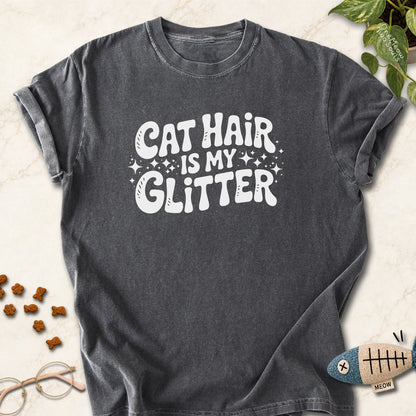 Pepper colored Comfort Colors 1717 cotton T-shirt, featuring a "Cat Hair Is My Glitter" funny cat design illustration. One Meow Two Souls brand.