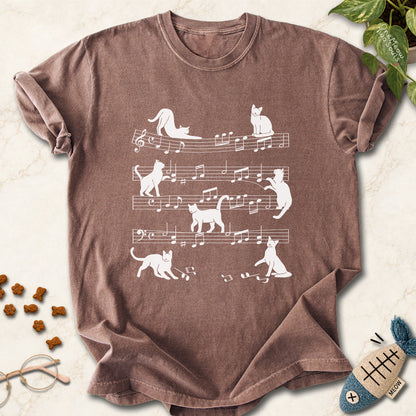 Espresso colored Comfort Colors 1717 cotton T-shirt, featuring a Cat music sheet funny cat design illustration. One Meow Two Souls brand.