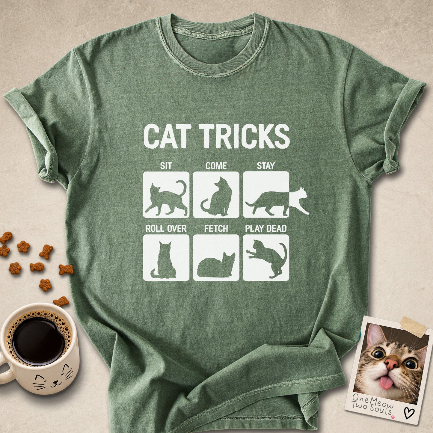 MOSS colored Comfort Colors 1717 cotton T-shirt, featuring a "Cat Tricks" funny cat design illustration. One Meow Two Souls brand.
