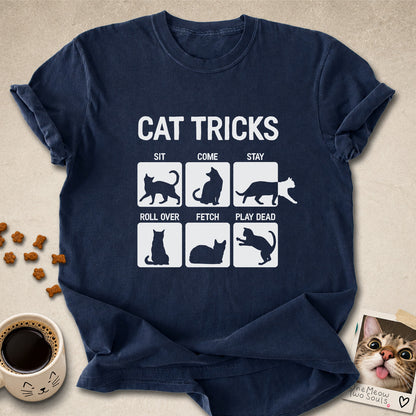 Navy colored Comfort Colors 1717 cotton T-shirt, featuring a "Cat Tricks" funny cat design illustration. One Meow Two Souls brand.