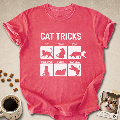 Watermelon colored Comfort Colors 1717 cotton T-shirt, featuring a "Cat Tricks" funny cat design illustration. One Meow Two Souls brand.
