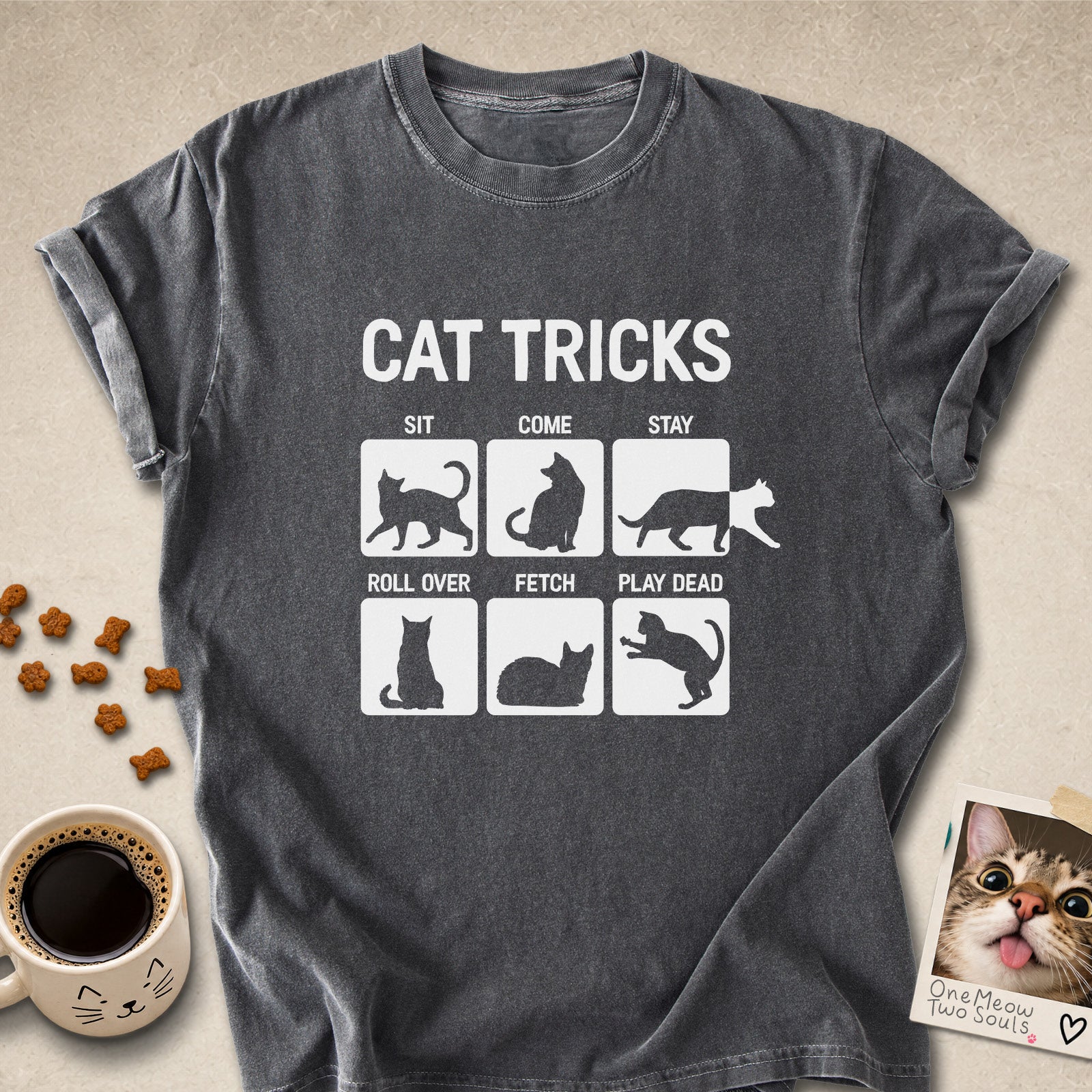 Pepper  colored Comfort Colors 1717 cotton T-shirt, featuring a "Cat Tricks" funny cat design illustration. One Meow Two Souls brand.