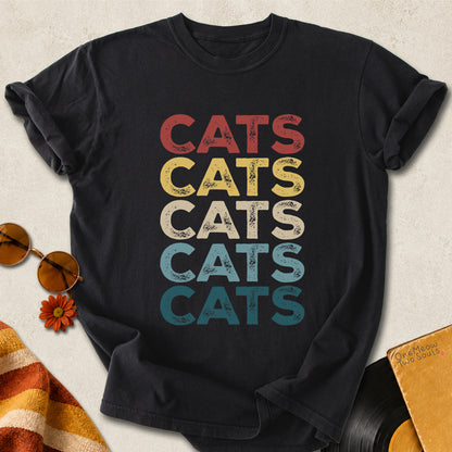Black colored Comfort Colors 1717 cotton T-shirt, featuring a retro "CATS" cool cat design illustration. One Meow Two Souls brand.