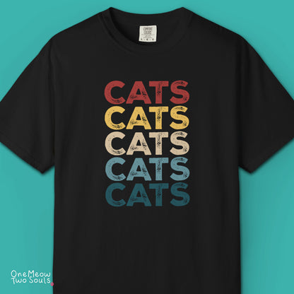 Black colored Comfort Colors 1717 cotton T-shirt, featuring a retro "CATS" cool cat design illustration. One Meow Two Souls brand.