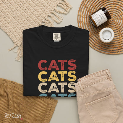 Black colored Comfort Colors 1717 cotton T-shirt, featuring a retro "CATS" cool cat design illustration. One Meow Two Souls brand.