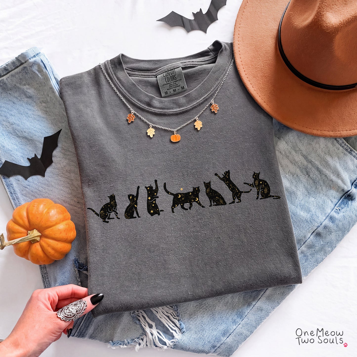 Grey colored Comfort Colors 1717 cotton T-shirt, featuring a Celestial Cats witchy cat design illustration. One Meow Two Souls brand.