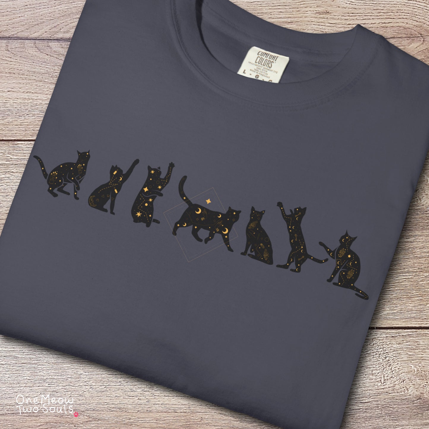 Pepper colored Comfort Colors 1717 cotton T-shirt, featuring a Celestial Cats witchy cat design illustration. One Meow Two Souls brand.