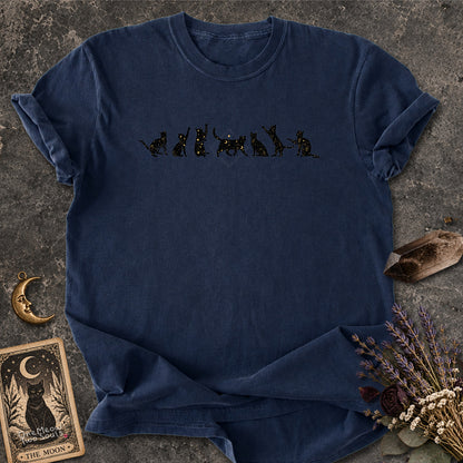 Navy colored Comfort Colors 1717 cotton T-shirt, featuring a Celestial Cats witchy cat design illustration. One Meow Two Souls brand.
